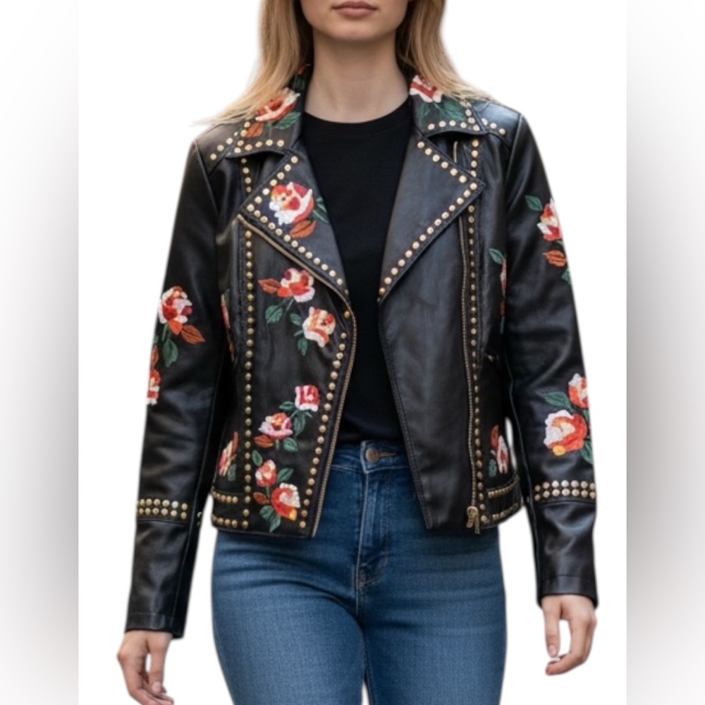 INC International Concepts Black Faux Leather Moto Jacket with Floral Embroidery